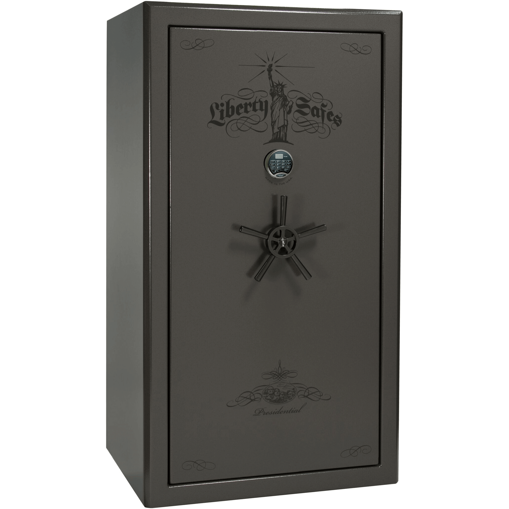 Presidential Series | Level 8 Security | 2.5 Hours Fire Protection | 40 | Dimensions: 66.5"(H) x 36.25"(W) x 27.75"(D*) | Gray Marble | Black Chrome Hardware | Electronic Lock