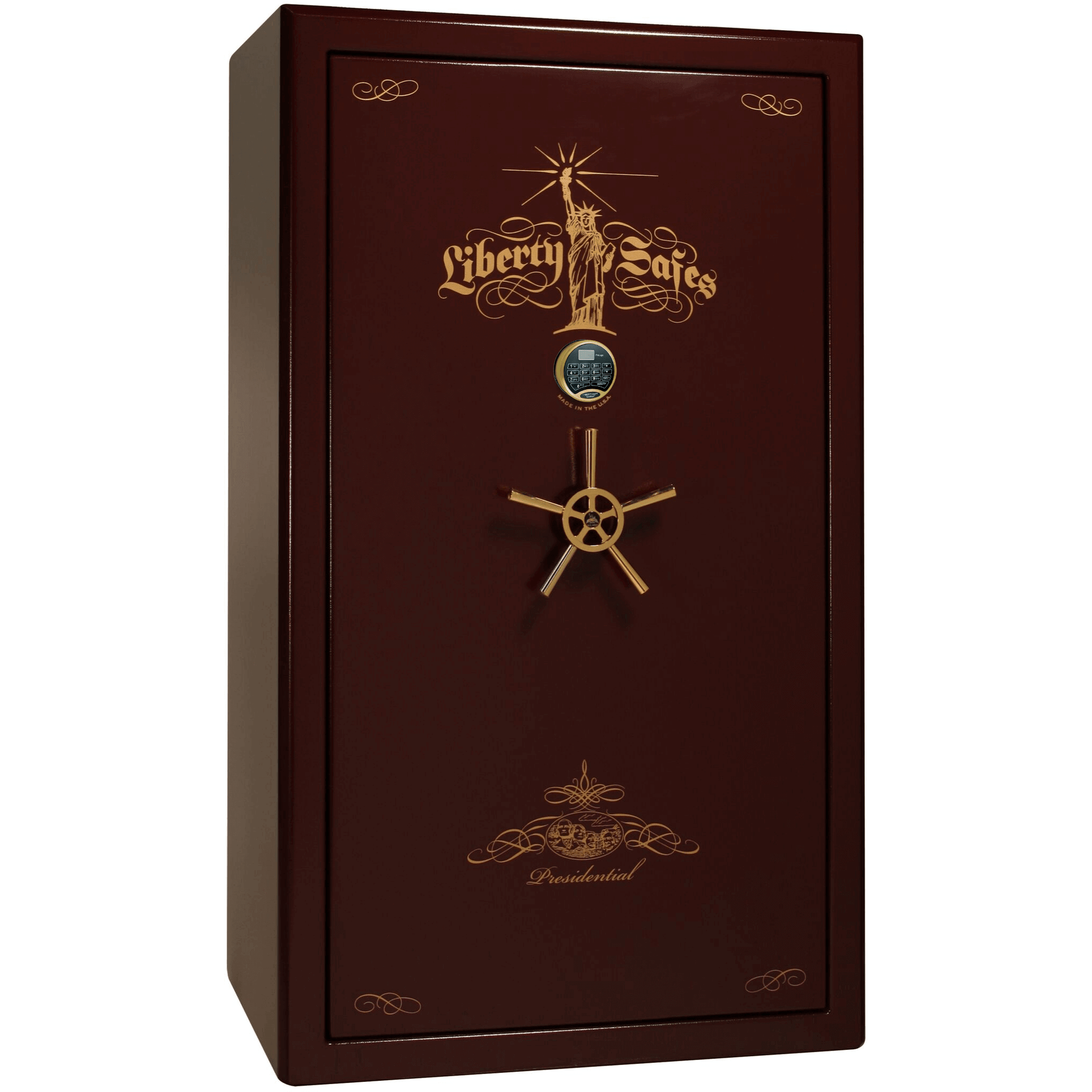 Presidential Series | Level 8 Security | 2.5 Hours Fire Protection | 50 | Dimensions: 72.5"(H) x 42.25"(W) x 27.75"(D*) | Burgundy Marble | Gold Hardware | Electronic Lock