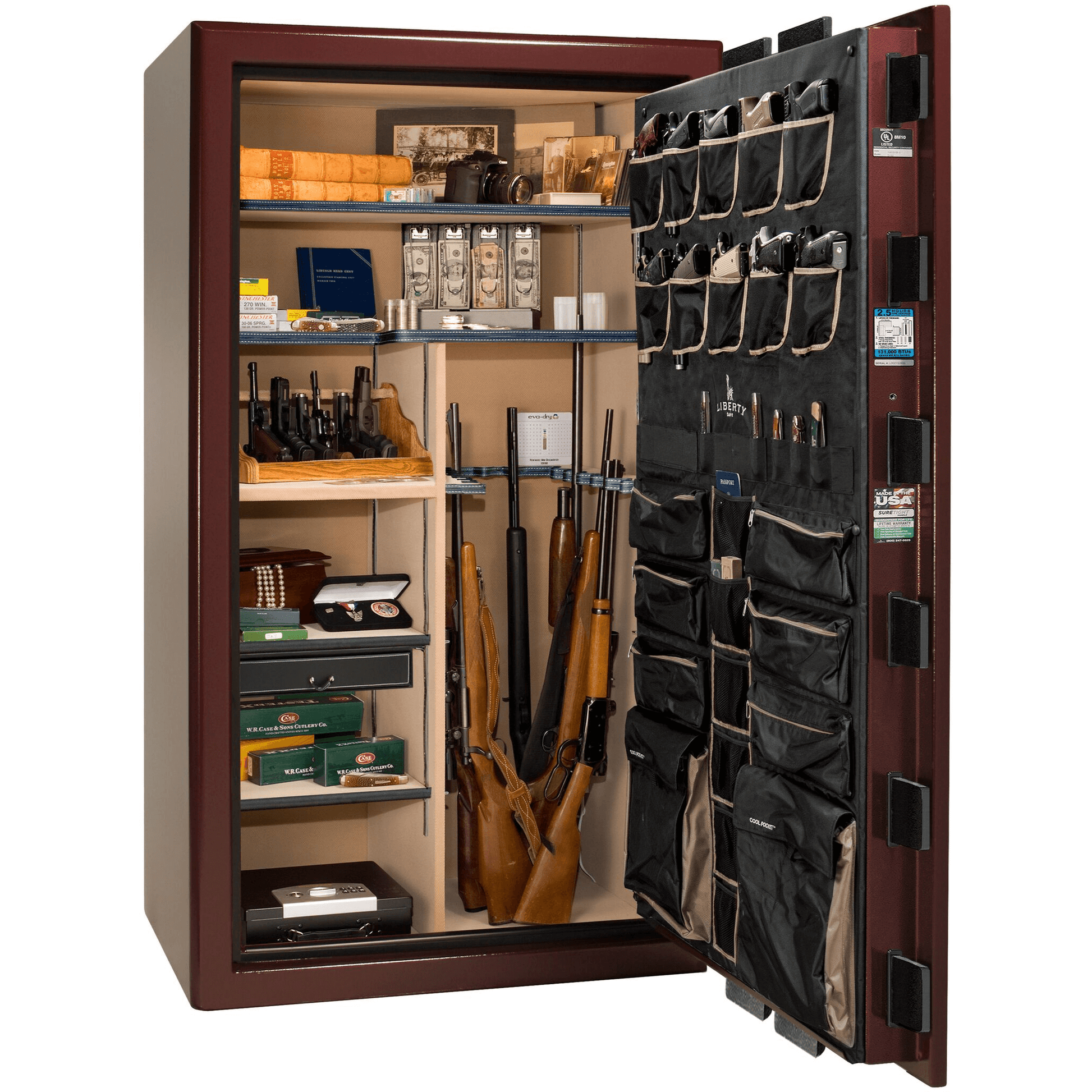 Presidential Series | Level 8 Security | 2.5 Hours Fire Protection | 50 | Dimensions: 72.5"(H) x 42.25"(W) x 27.75"(D*) | Burgundy Marble | Gold Hardware | Electronic Lock
