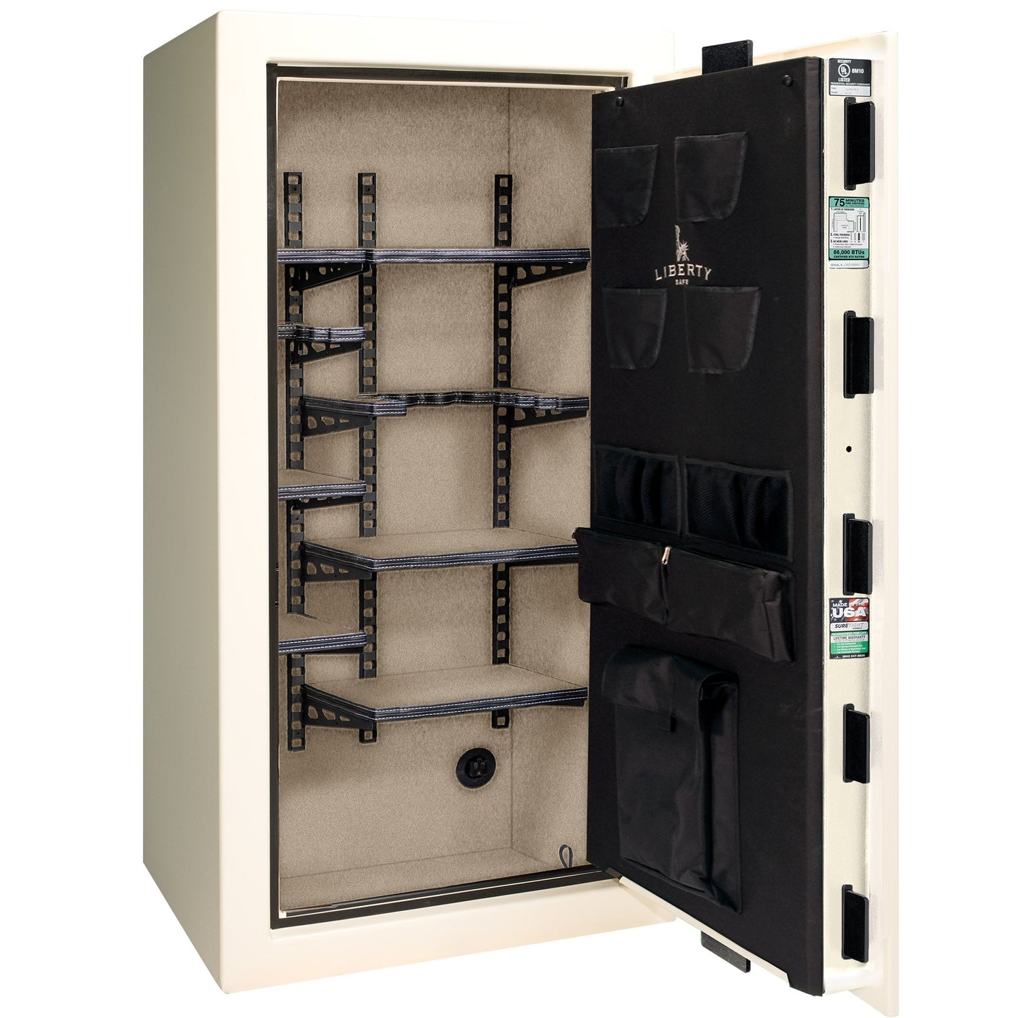 Colonial Series | Level 4 Security | 75 Minute Fire Protection | 23 PRO FLEX | DIMENSIONS: 60.5"(H) X 30"(W) X 22"(D*) | White Gloss Black Chrome | Mechanical Lock - Open