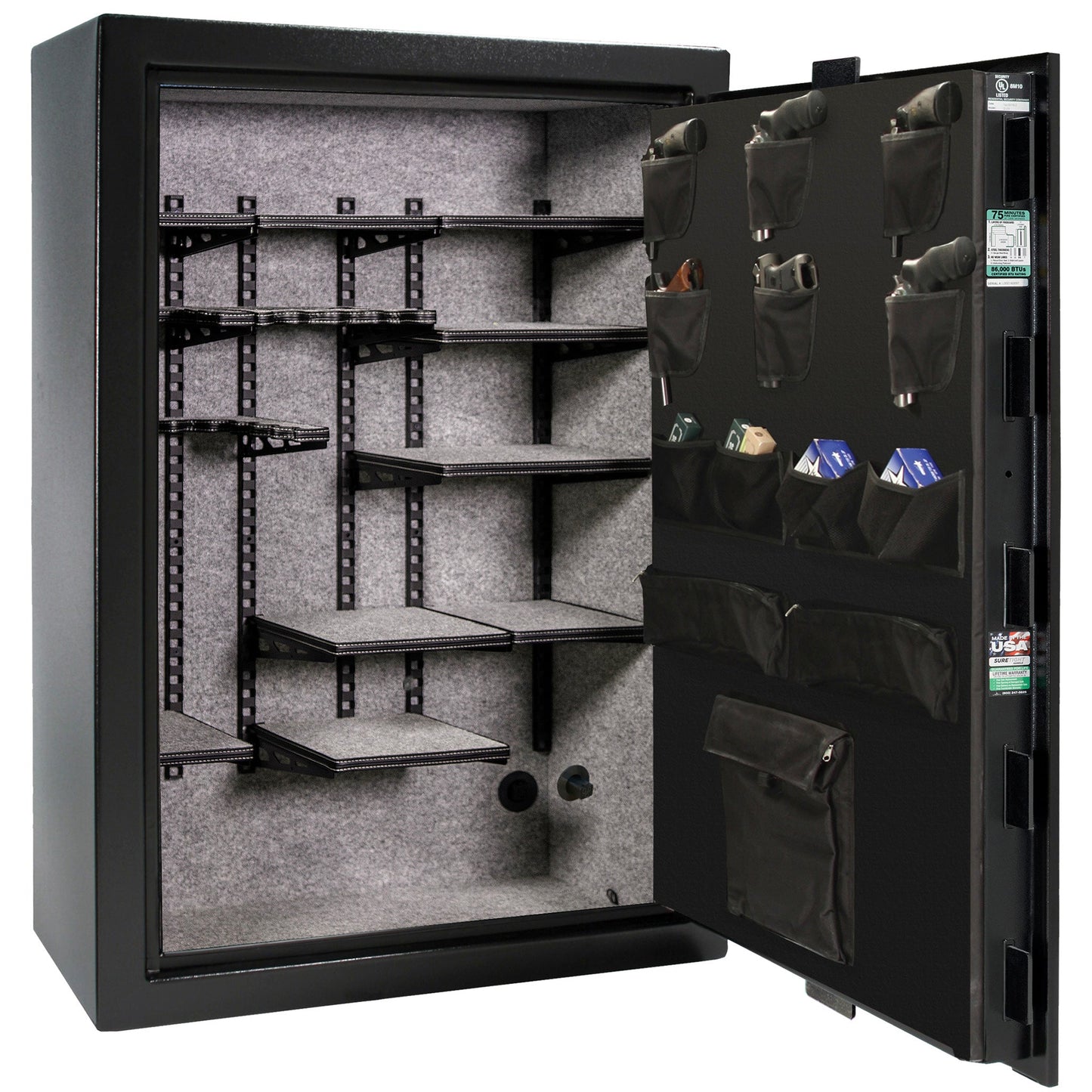 Colonial 35 | Pro Flex Interior | Level 4 Security | 75 Minute Fire Protection | Dimensions: 60.5"(H) x 42"(W) x 22"(D) | Up to 45 Long Guns | Black Textured | Mechanical Lock – Open