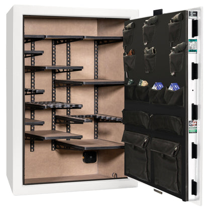 Colonial 35 | Pro Flex Interior | Level 4 Security | 75 Minute Fire Protection | Dimensions: 60.5"(H) x 42"(W) x 22"(D) | Up to 45 Long Guns | White Gloss Black Chrome | Mechanical Lock - Open